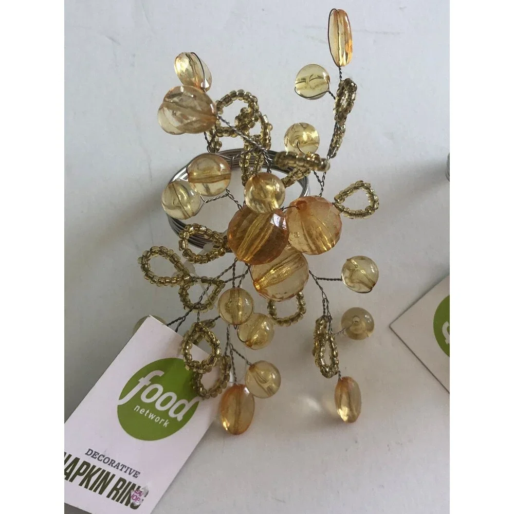 Food Network Napkin Rings Set Of 2 Thanksgiving Amber Gold Beaded Spray Silver